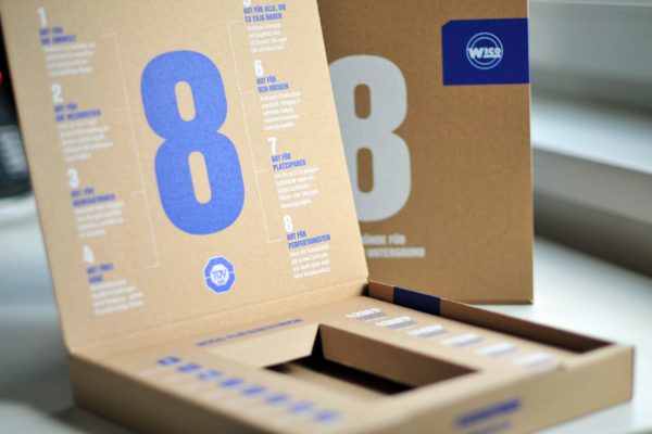 Kartonbox aus Wellpappe zur Verpackung eines WICO Fließestrich Musters. Ansicht von vorne.