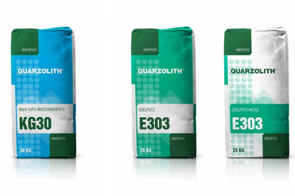 Quarzolith Packungsdesign für die Sackware: KG30, E303 und E303 weiß von vorne.