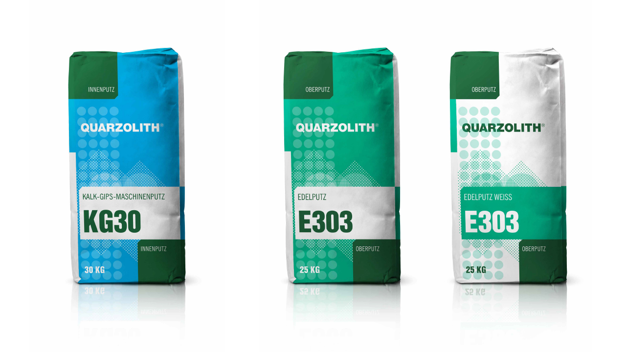 Quarzolith Packungsdesign für die Sackware: KG30, E303 und E303 weiß von vorne.