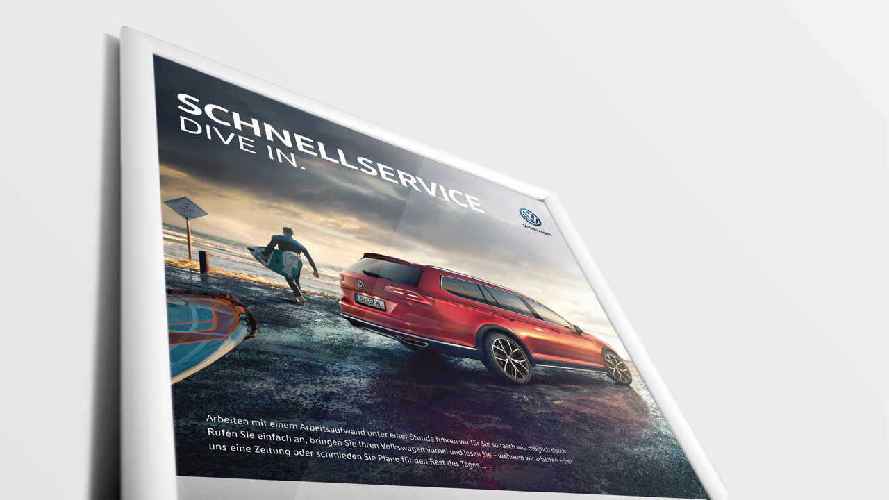 Volkswagen Schnellservice Poster für PKW, Teilansicht mit VW Passat