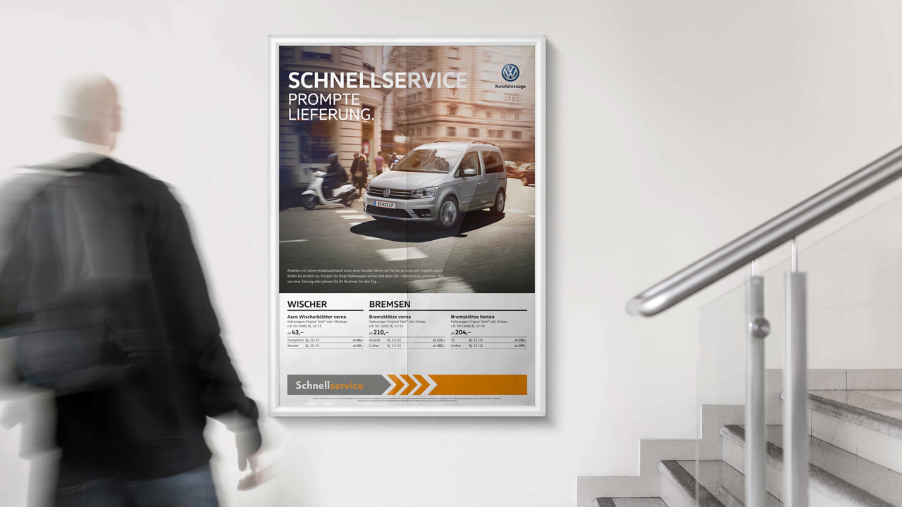 Volkswagen Schnellservice Poster für Nutzfahrzeuge an der Wand hängend